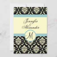 Blue Cream Wedding Monogram Damask Invitation