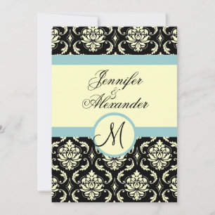 Blue Cream  Wedding Monogram Damask Invitation