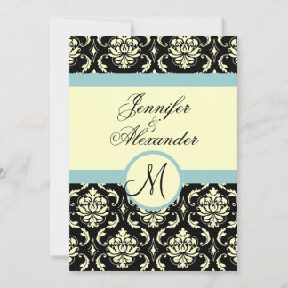 Blue Cream Wedding Monogram Damask Invitation