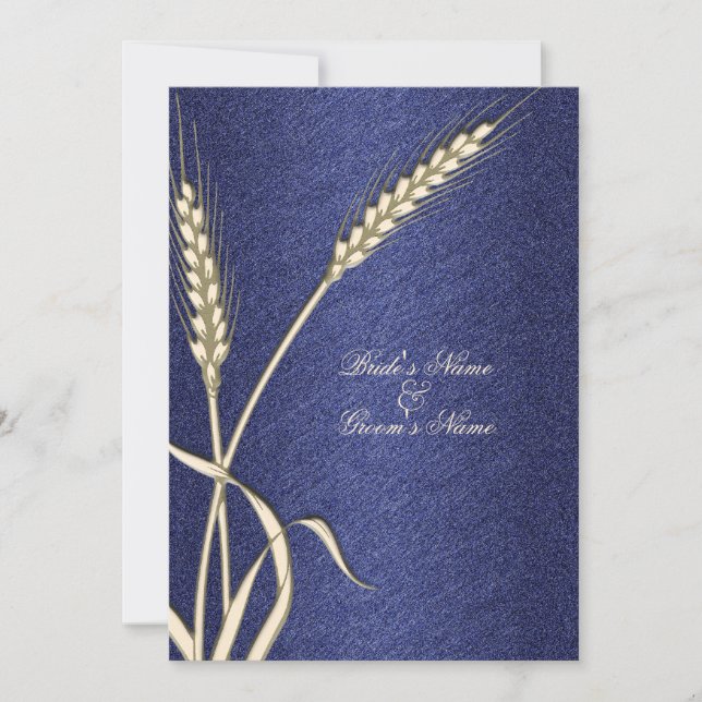 Blue cream wedding wheat flower invitation (Front)