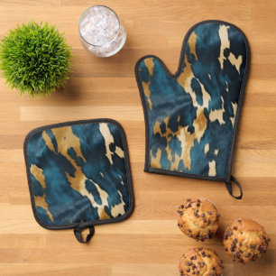 Blue Cream Western Cowhide Oven Mitt & Pot Holder Set
