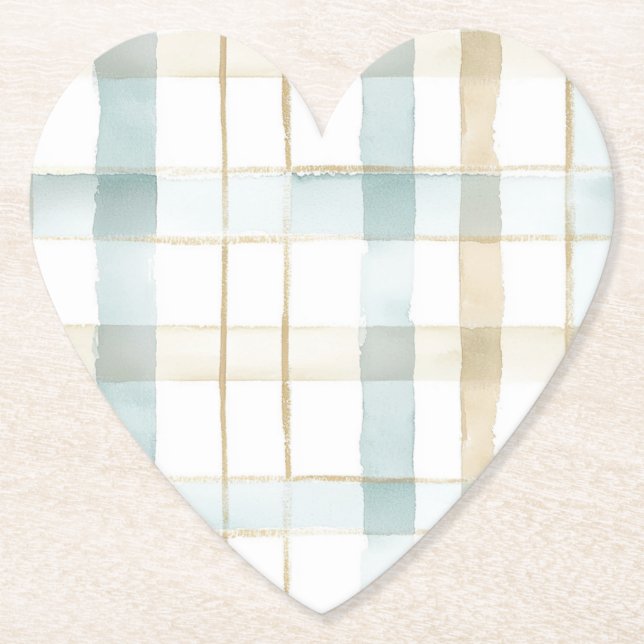 Blue Cream White Plaid Stripes Bridal Shower Paper Coaster (Front)
