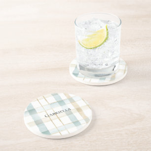 Blue Cream White Plaid Stripes Coaster