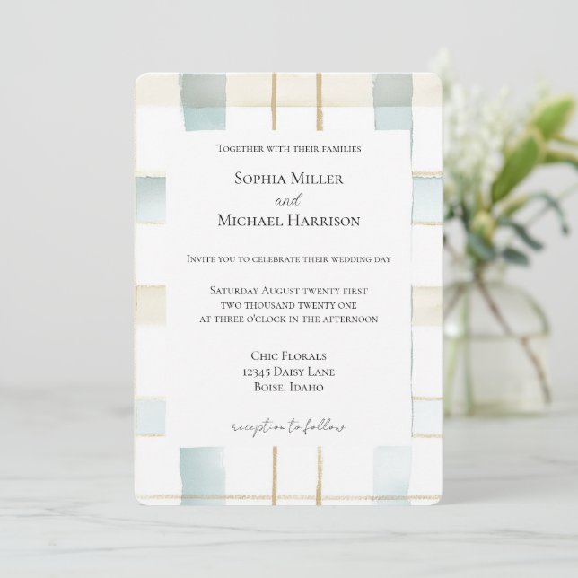 Blue Cream White Plaid Stripes Wedding Invitation (Standing Front)