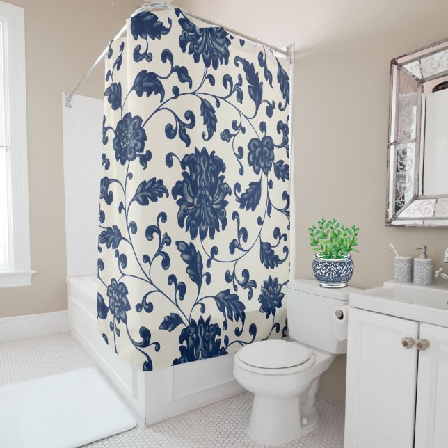 Blue/Creamy White Vintage Swirling Floral Pattern (This blue + creamy white floral shower curtain will add instant elegance and style to your bathroom.)