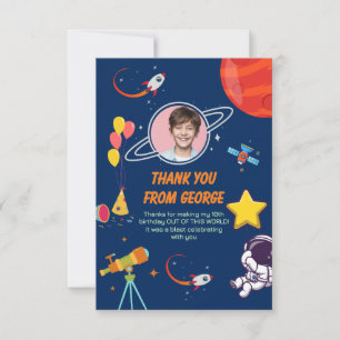 Blue Creative Galaxy Rocket Planet Kids Birthday Thank You Card