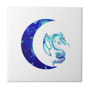 Blue Crescent Moon and Dragon Tile