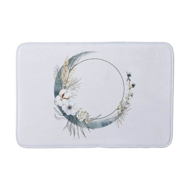 Blue Crescent Moon with White Flowers Bath Mat (Front)