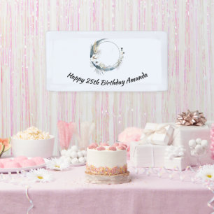 Blue Crescent Moon with White Flowers Birthday Banner