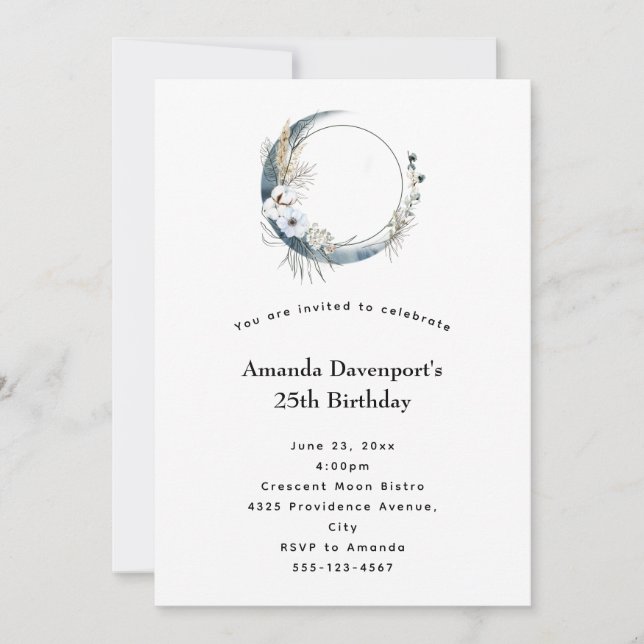Blue Crescent Moon with White Flowers Birthday Invitation (Front)