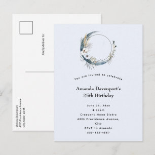 Blue Crescent Moon with White Flowers Birthday Invitation Postcard