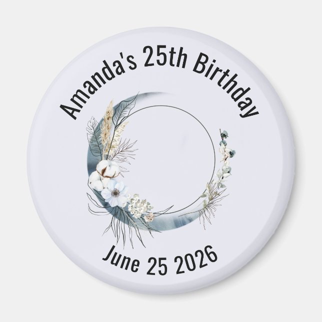 Blue Crescent Moon with White Flowers Birthday Magnet (Front)