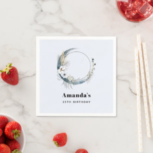 Blue Crescent Moon with White Flowers Birthday Napkin