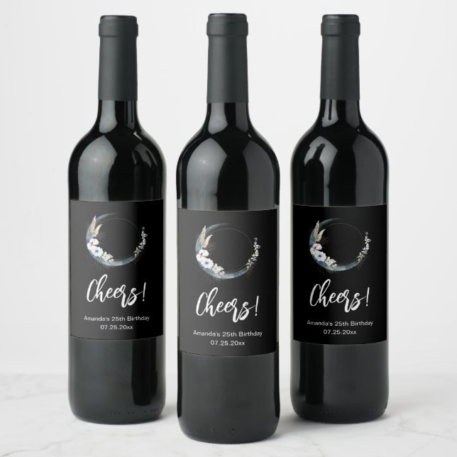 Blue Crescent Moon with White Flowers Birthday Wine Label (Bottles)