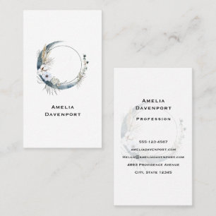 Blue Crescent Moon with White Flowers Business Card