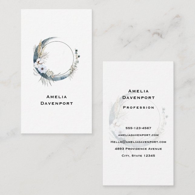 Blue Crescent Moon with White Flowers Business Card (Front/Back)