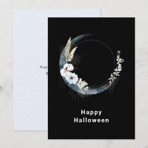 Blue Crescent Moon with White Flowers Halloween Holiday Card