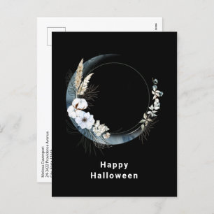 Blue Crescent Moon with White Flowers Halloween Holiday Postcard