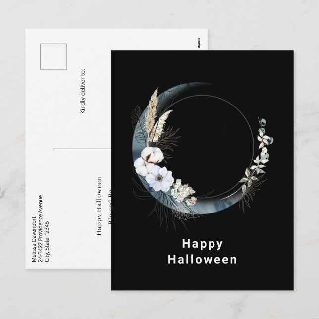 Blue Crescent Moon with White Flowers Halloween Holiday Postcard (Front/Back)