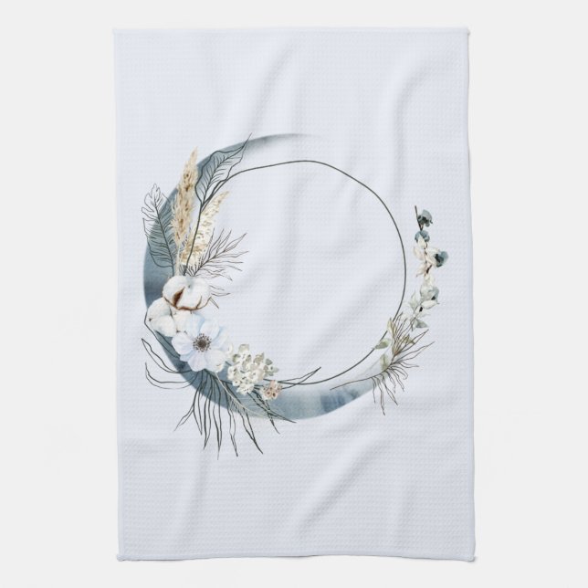 Blue Crescent Moon with White Flowers Kitchen Towel (Vertical)