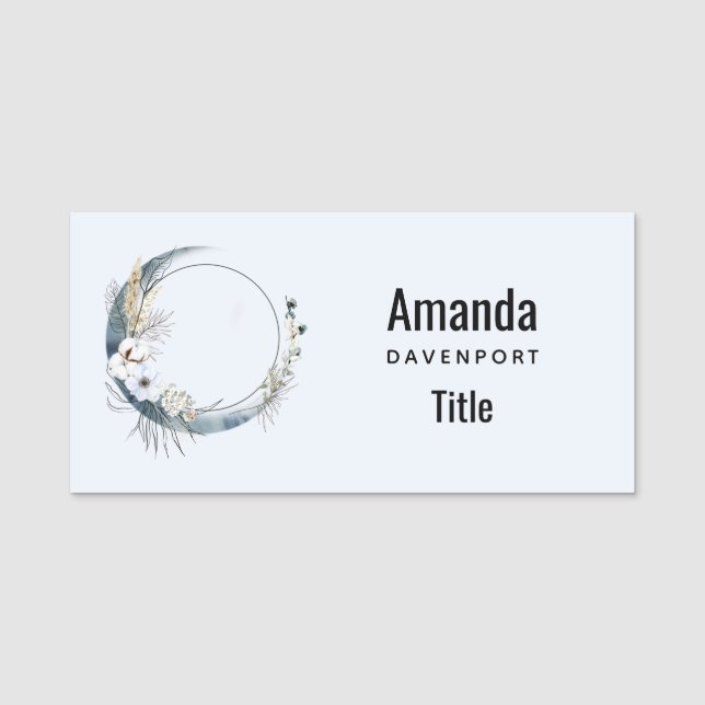 Blue Crescent Moon with White Flowers Name Tag (Front)