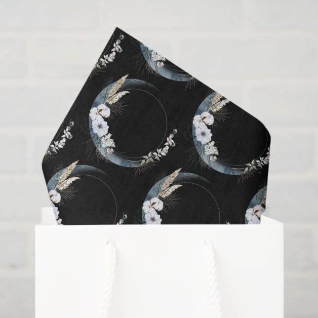 Blue Crescent Moon with White Flowers Pattern Tissue Paper (Gift Bag)