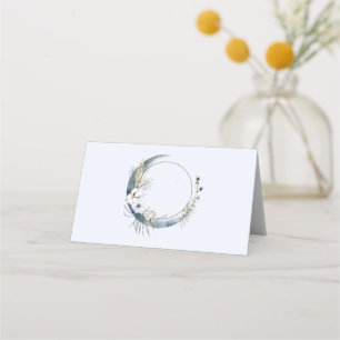 Blue Crescent Moon with White Flowers Place Card
