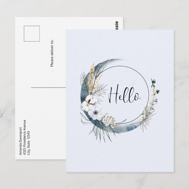 Blue Crescent Moon with White Flowers Postcard (Front/Back)