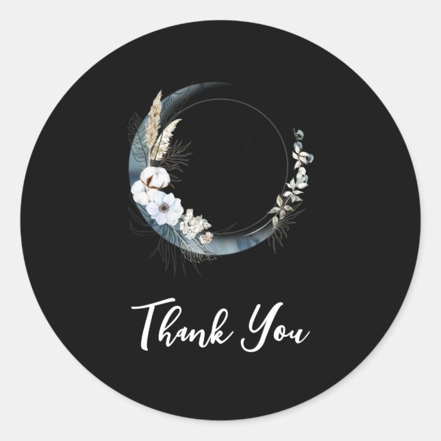Blue Crescent Moon with White Flowers Thank You Classic Round Sticker (Front)