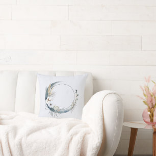 Blue Crescent Moon with White Flowers Throw Pillow
