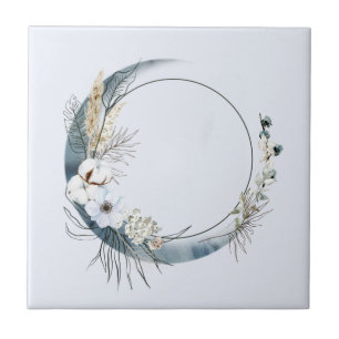 Blue Crescent Moon with White Flowers Tile