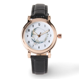 Blue Crescent Moon with White Flowers Watch
