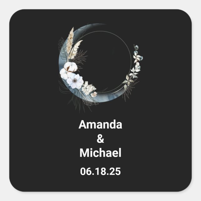 Blue Crescent Moon with White Flowers Wedding Square Sticker (Front)