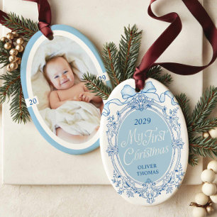 Blue Crest Bow First Christmas Photo Ornament
