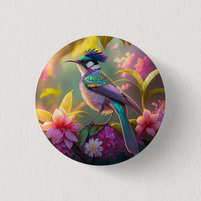 Blue Crested Rainbow Winged Sunbird Fantasy Bird 1 Inch Round Button (Front)