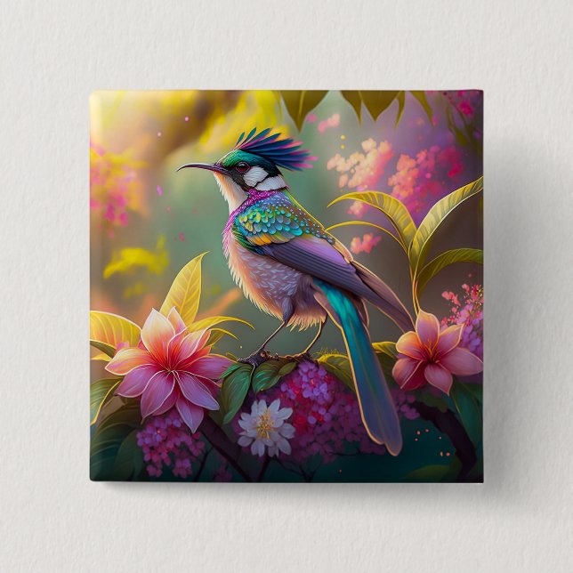 Blue Crested Rainbow Winged Sunbird Fantasy Bird 2 Inch Square Button (Front)