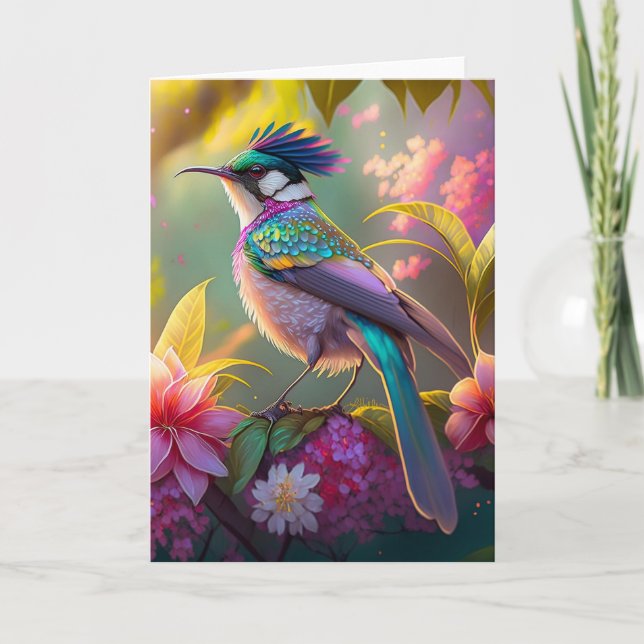 Blue Crested Rainbow Winged Sunbird Fantasy Bird Card (Front)