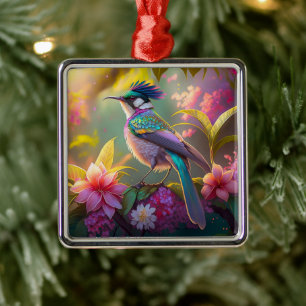 Blue Crested Rainbow Winged Sunbird Fantasy Bird Metal Ornament