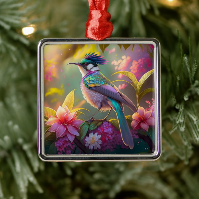 Blue Crested Rainbow Winged Sunbird Fantasy Bird Metal Ornament (Tree)