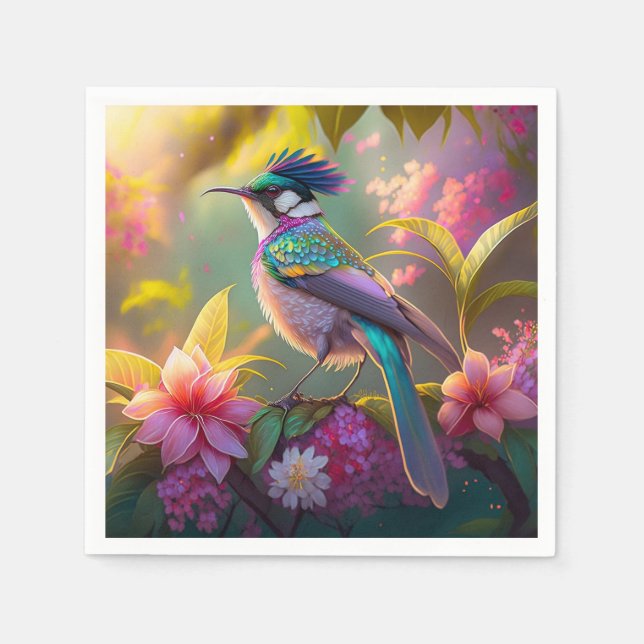 Blue Crested Rainbow Winged Sunbird Fantasy Bird Napkin (Front)