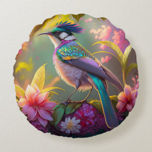 Blue Crested Rainbow Winged Sunbird Fantasy Bird Round Pillow