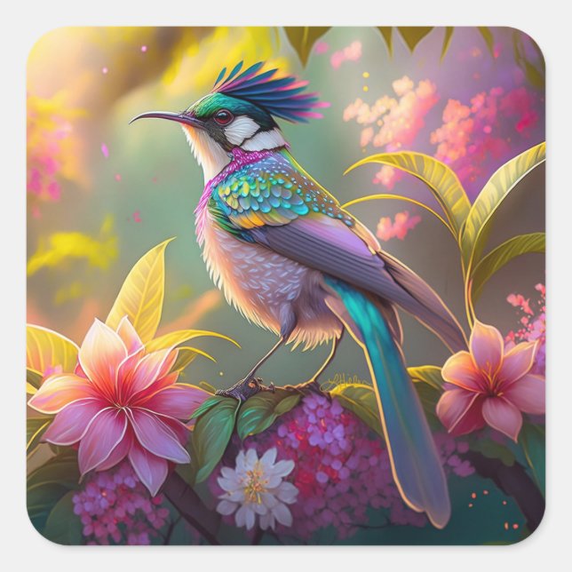 Blue Crested Rainbow Winged Sunbird Fantasy Bird Square Sticker (Front)
