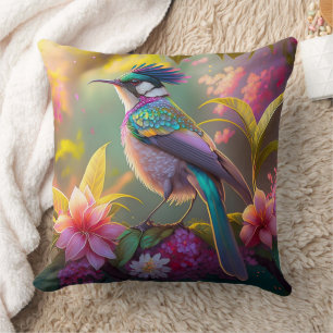 Blue Crested Rainbow Winged Sunbird Fantasy Bird Throw Pillow