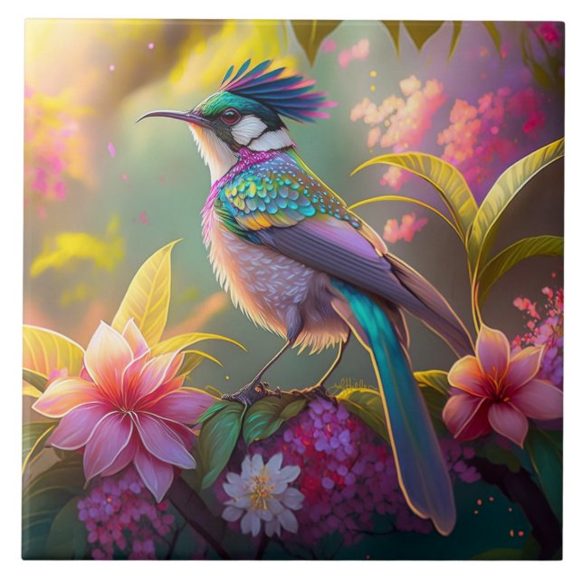 Blue Crested Rainbow Winged Sunbird Fantasy Bird Tile (Front)