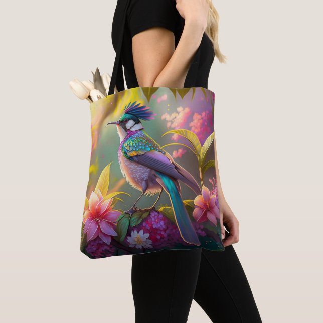 Blue Crested Rainbow Winged Sunbird Fantasy Bird Tote Bag (Close Up)