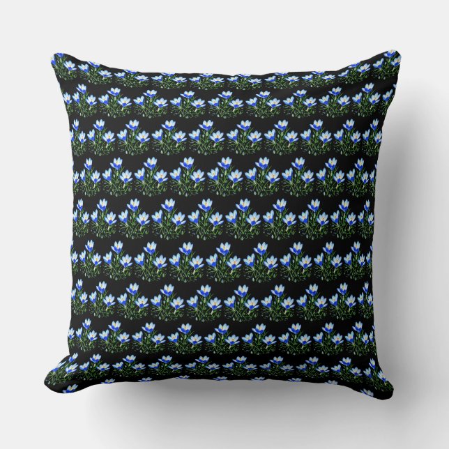 Blue Crocus Flower Black Tiled Throw Pillow (Front)