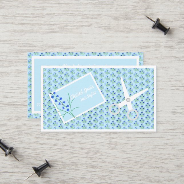 Blue Crocuses Hair Stylist Business Card (Front/Back In Situ)