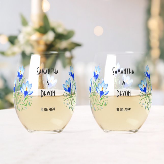 Blue Crocuses Stemless Wine Glasses (Insitu (Wedding))