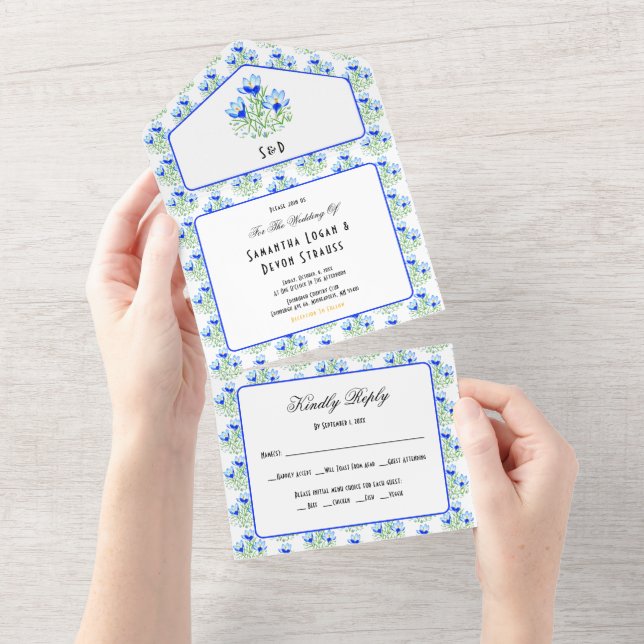 Blue Crocuses White All in One Wedding Invite (Tearaway)
