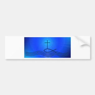Blue cross and fish ( Ichthus) Bumper Sticker